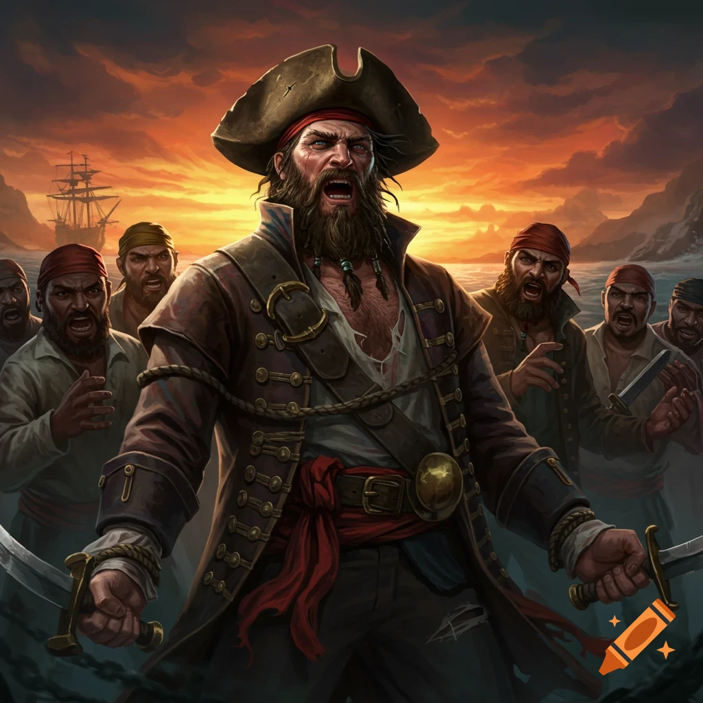 An angry pirate captain with swords, shouting with his crew behind him at sunset.