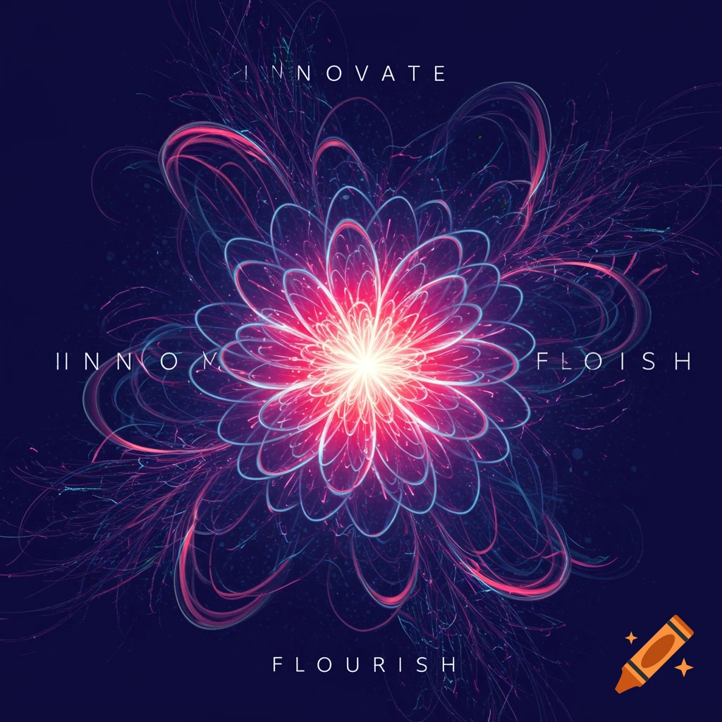 Abstract glowing pink and blue fractal flower with text on a dark background.