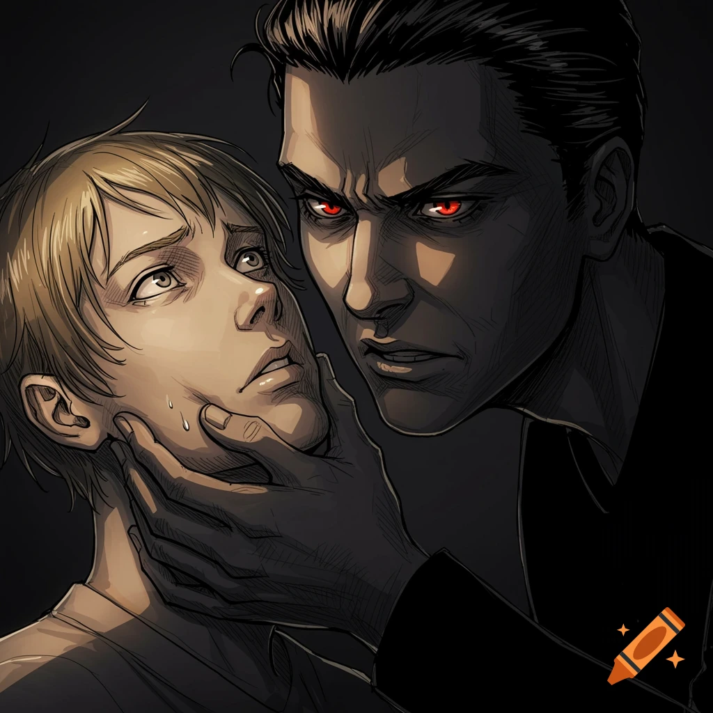 Dramatic drawing of a stern person grabbing a fearful person's face.