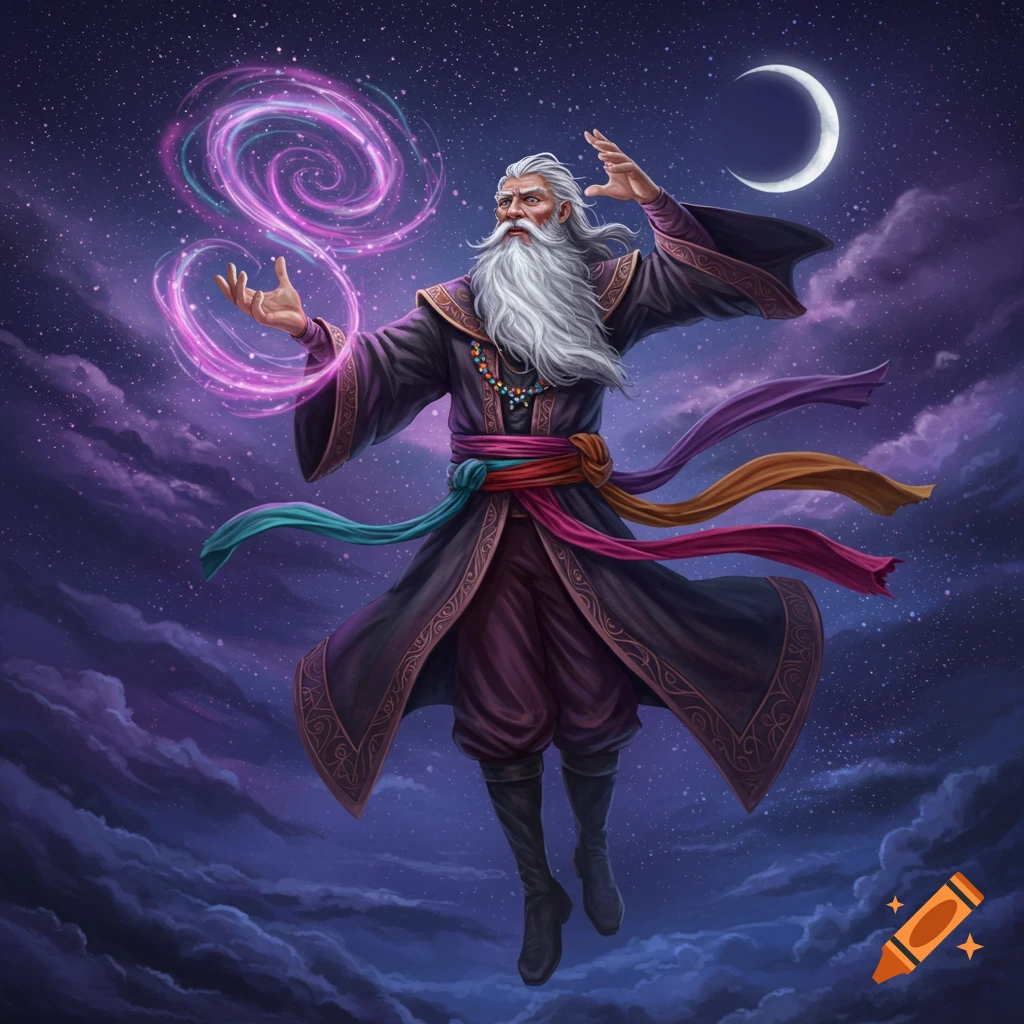A wizard with a long beard flying in a starry night sky, casting glowing purple magic.