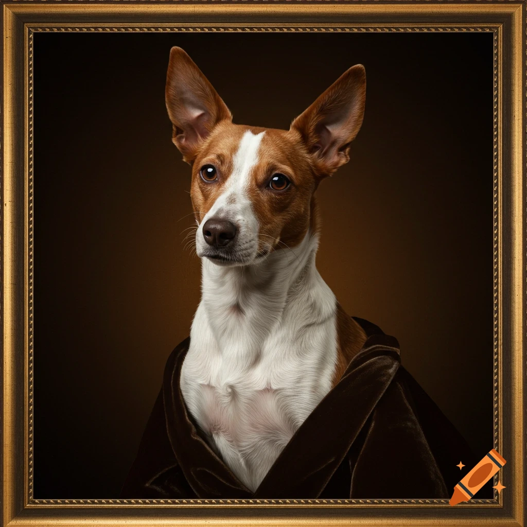 A brown and white dog in a renaissance-style portrait frame, wearing a brown cloak.