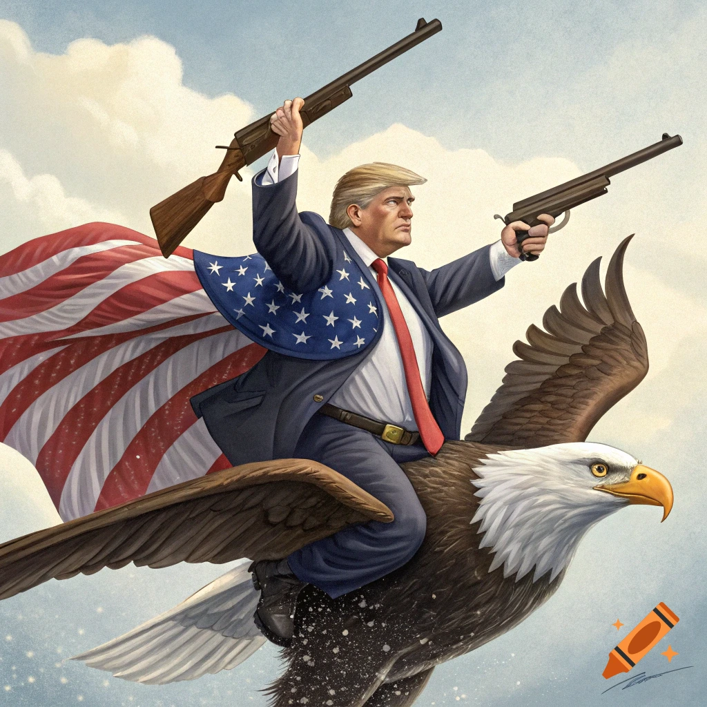 Illustration of Donald Trump riding a bald eagle, holding a shotgun and pistol, with an American flag cape.