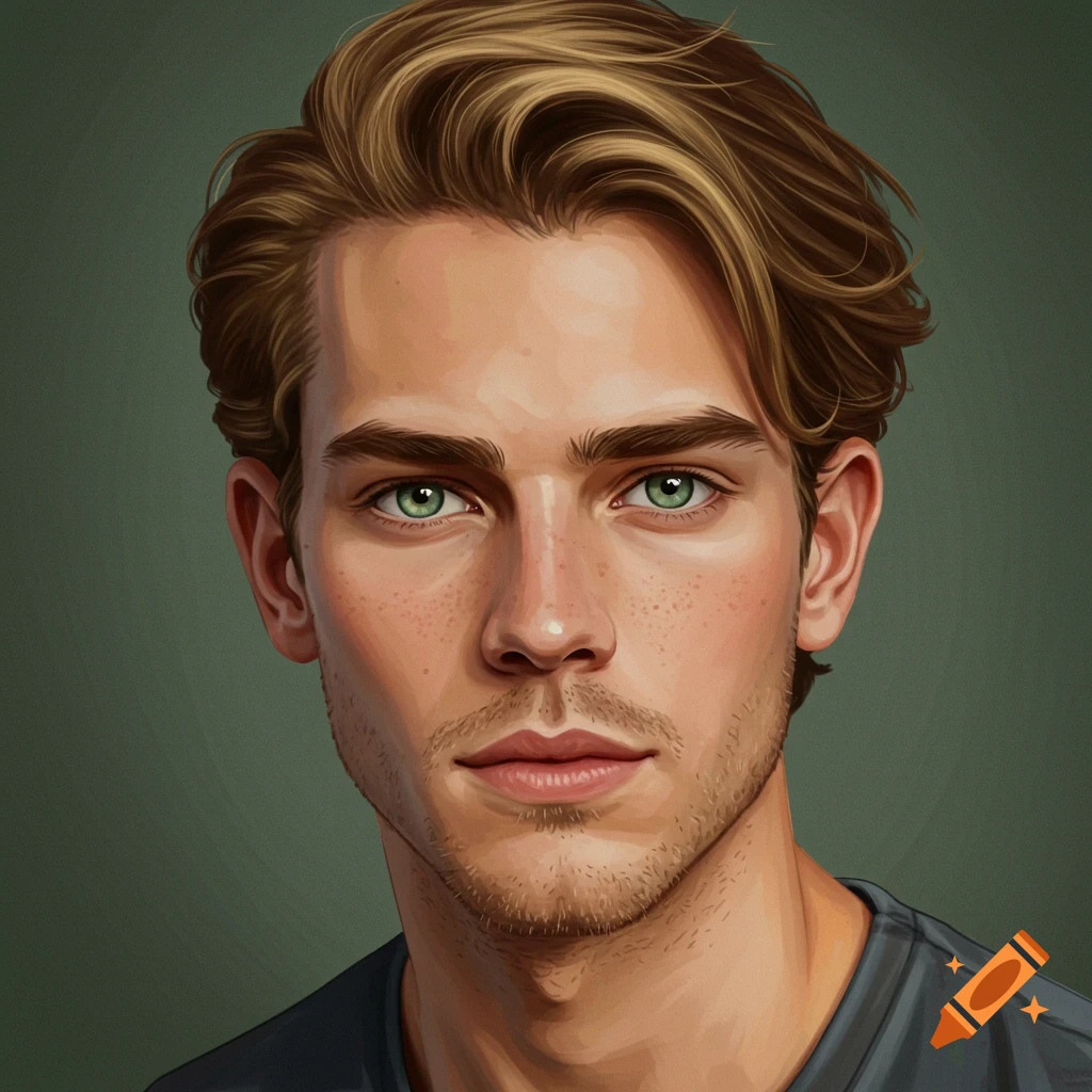A young man with green eyes and light brown hair