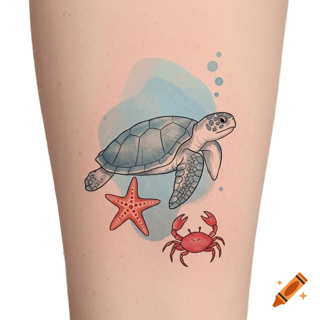 A sea turtle, starfish, and crab, styled as a simple tattoo.
