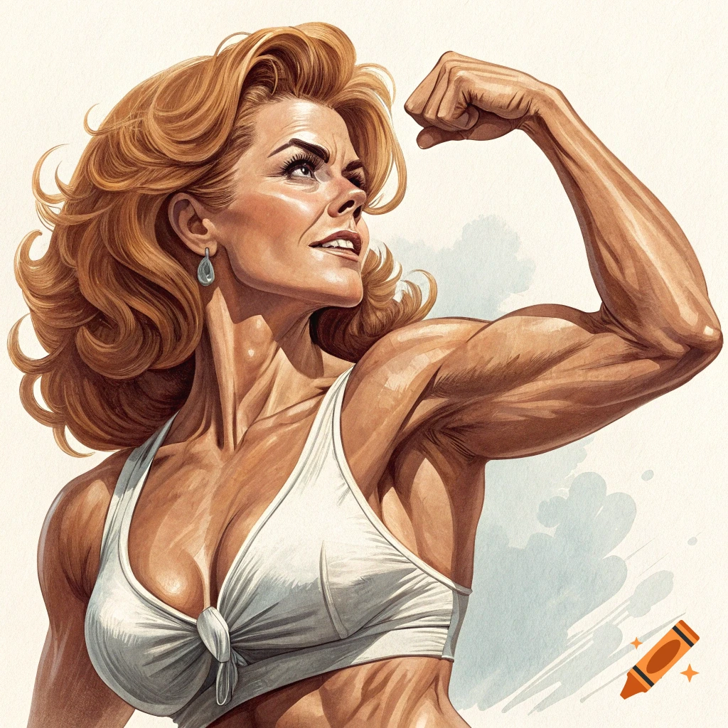 Illustration of a muscular woman flexing her arm in a sports bra.