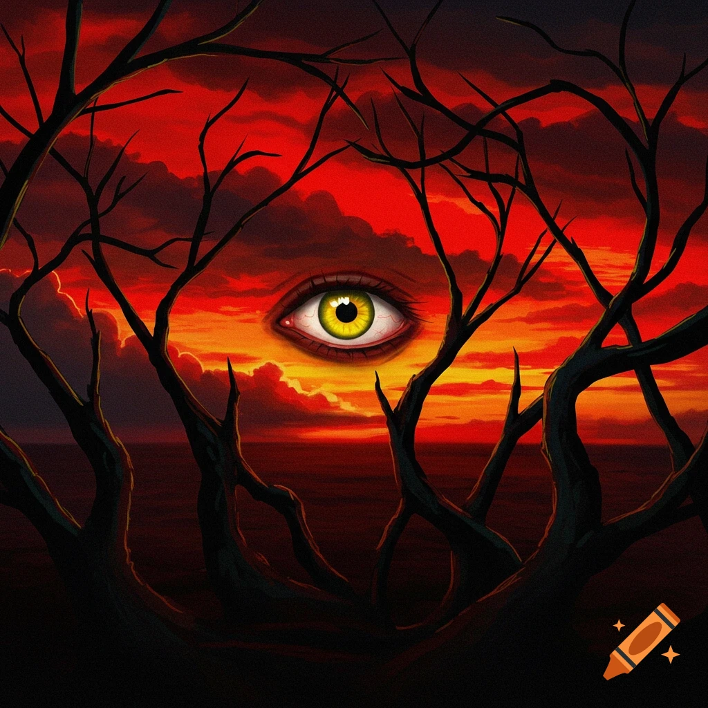 An eye in a dramatic red and orange sky seen through bare tree branches.