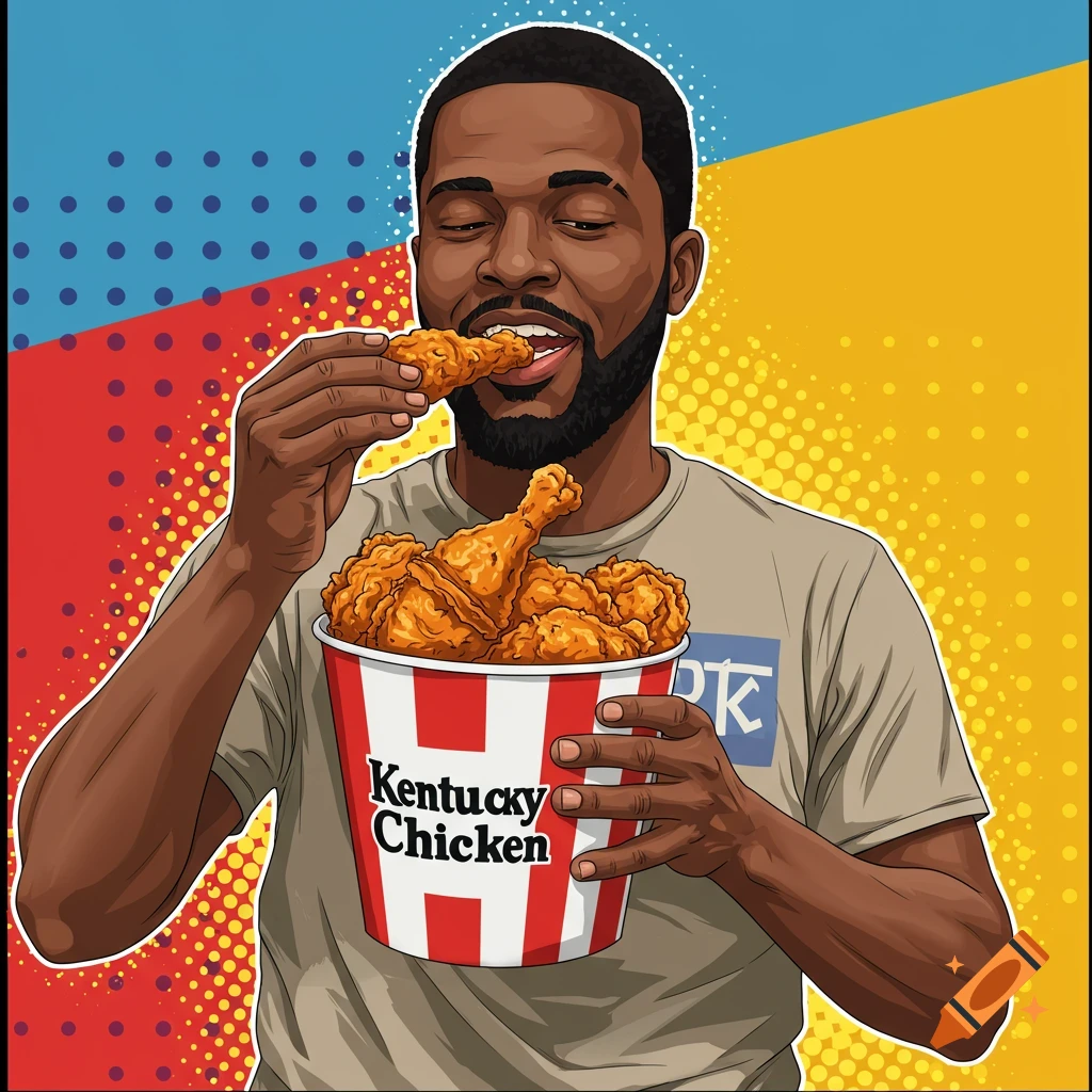 A black man eating fried chicken from a bucket against a pop art background.