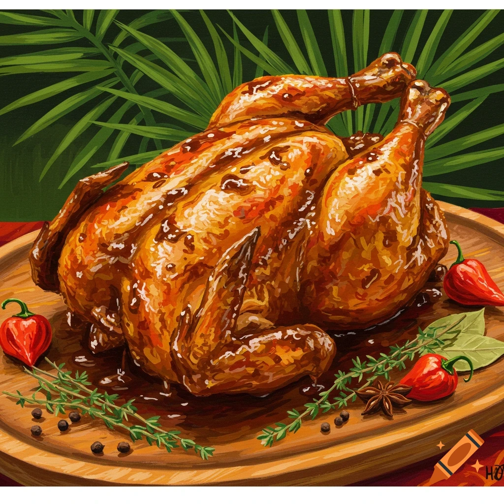 A roasted chicken with peppers and herbs sits on a wooden board.