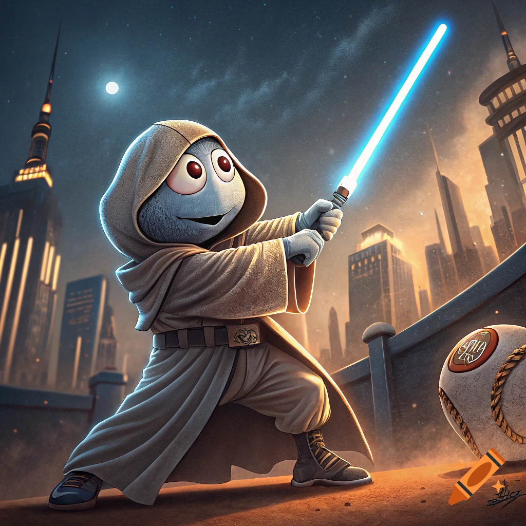 Mr. Met in a Jedi robe swings a lightsaber like a bat in front of a city skyline at night.