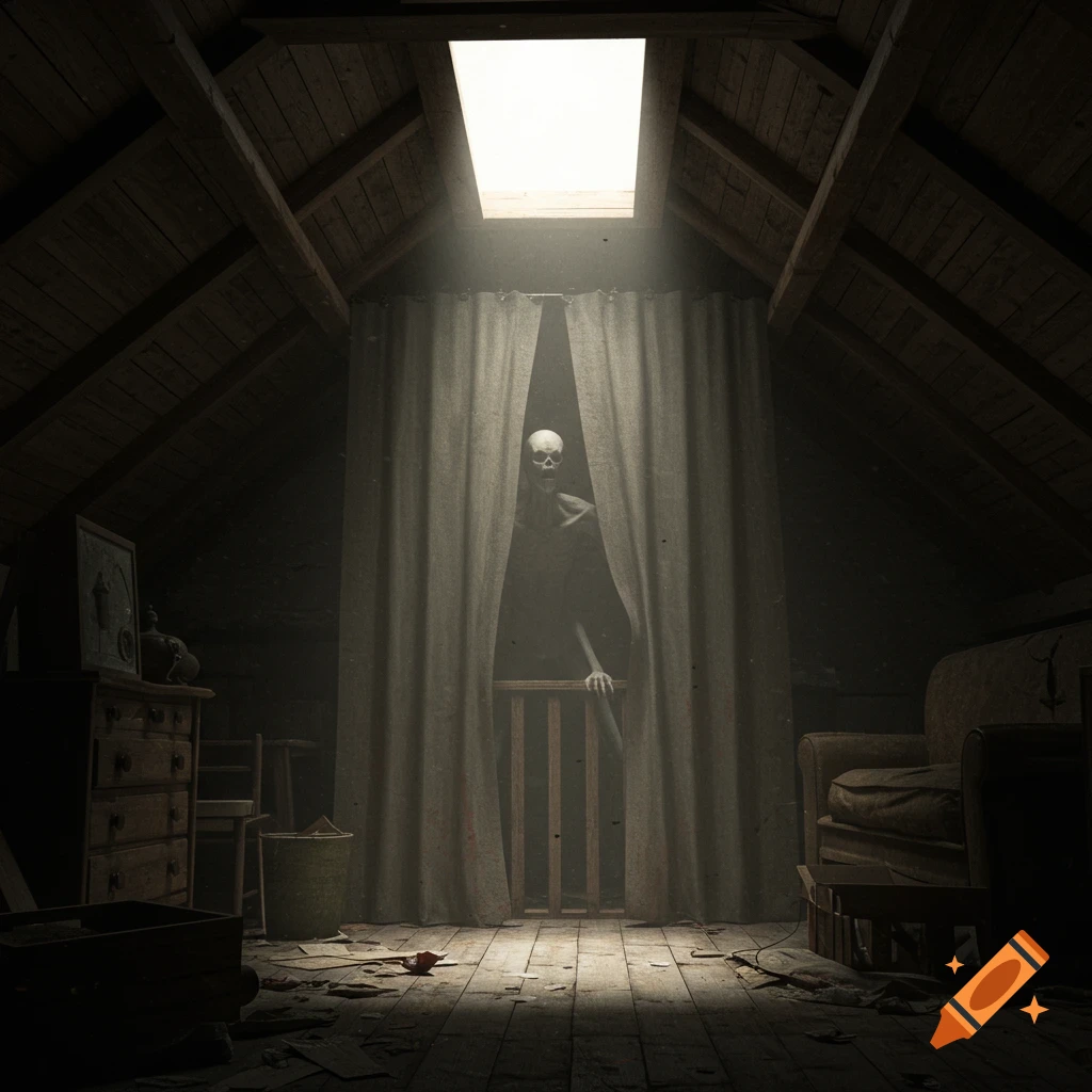 Creepy skeletal figure peeking through curtains in a dusty attic with light from a skylight.