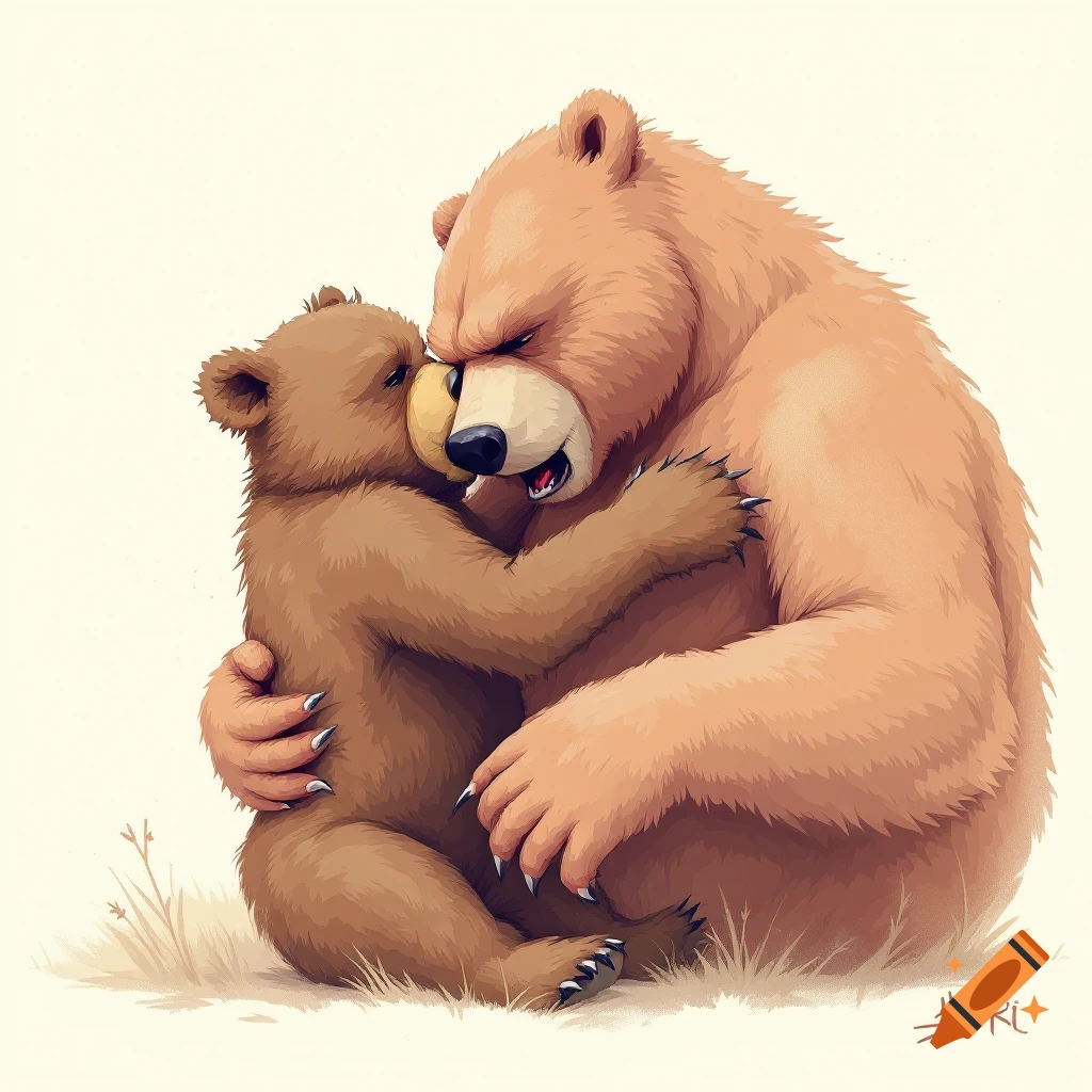 Cartoon illustration of two bears hugging.