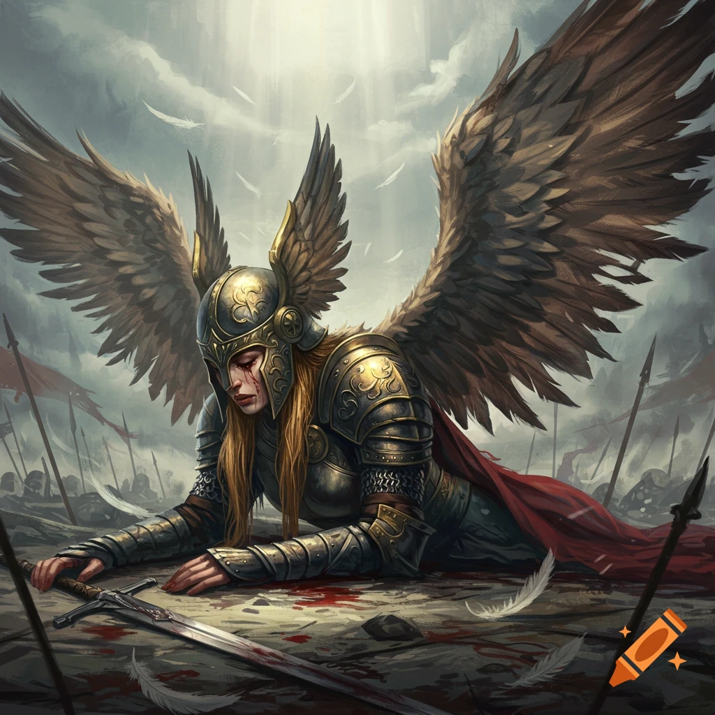 A fallen winged warrior in ornate armor lies on a bloody battlefield.