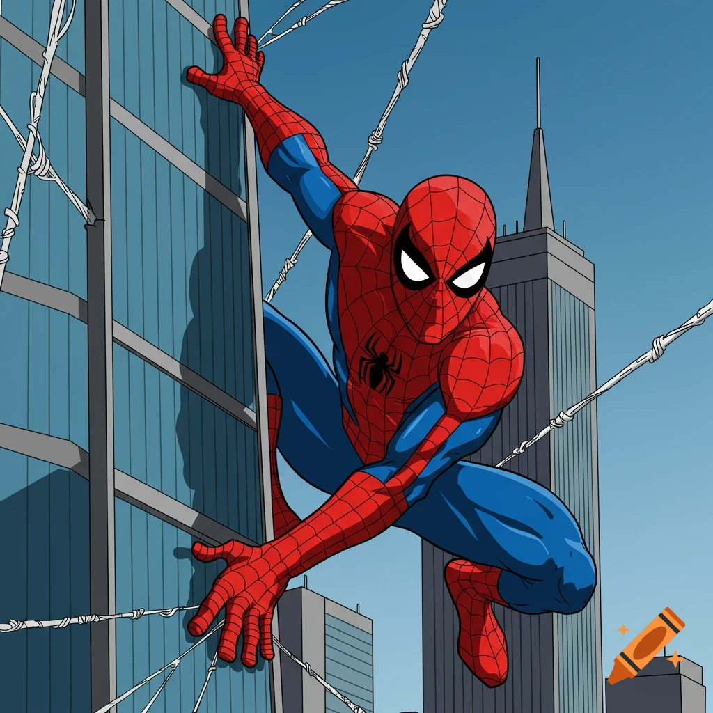 Cartoon drawing of Spider-Man climbing the side of a glass building in a city.