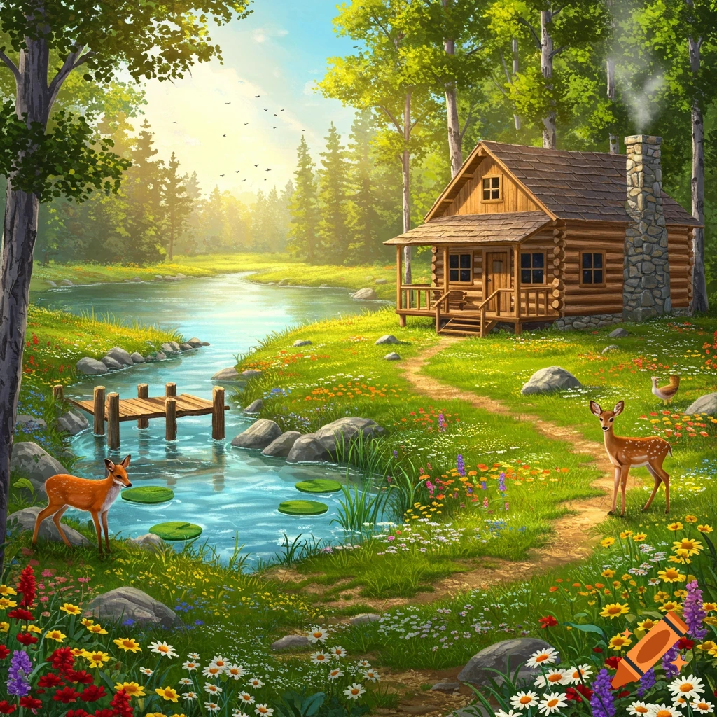 A log cabin stands by a lake, surrounded by deer, flowers, and trees in a summer forest.