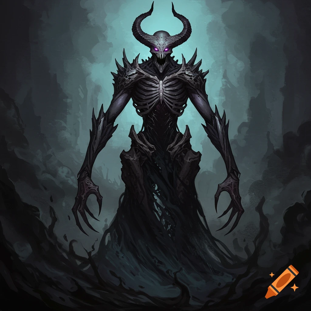 A skeletal, horned monster with glowing eyes emerges from dark shadows.
