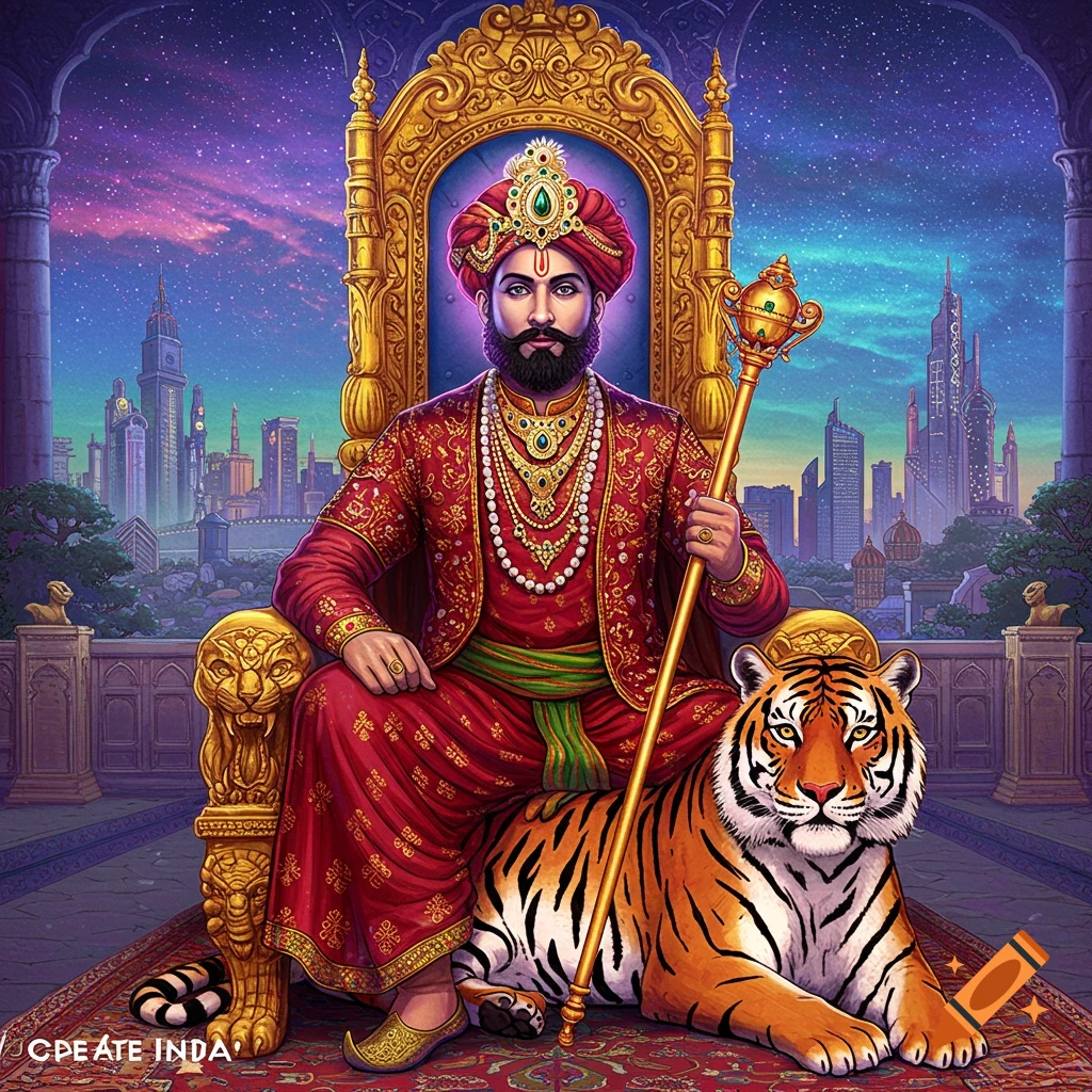A regal figure sits on a golden throne alongside a tiger, with a city skyline and vibrant sky in the background.