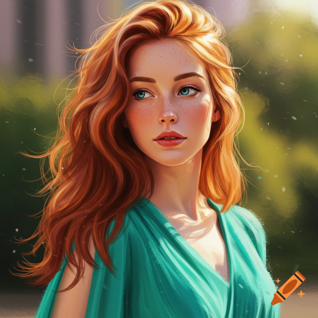 A woman with red hair and freckles is wearing a green dress.