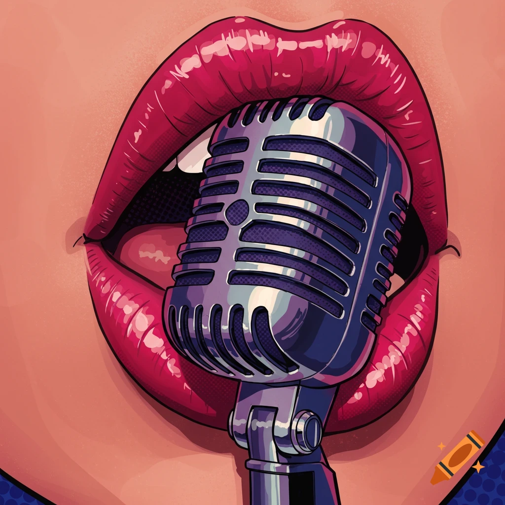 Close-up digital illustration of red lips holding a vintage microphone.