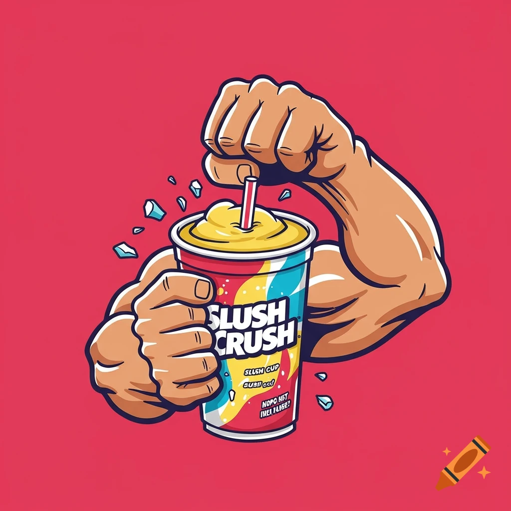 Logo style illustration of a muscular hand crushing a slush cup.