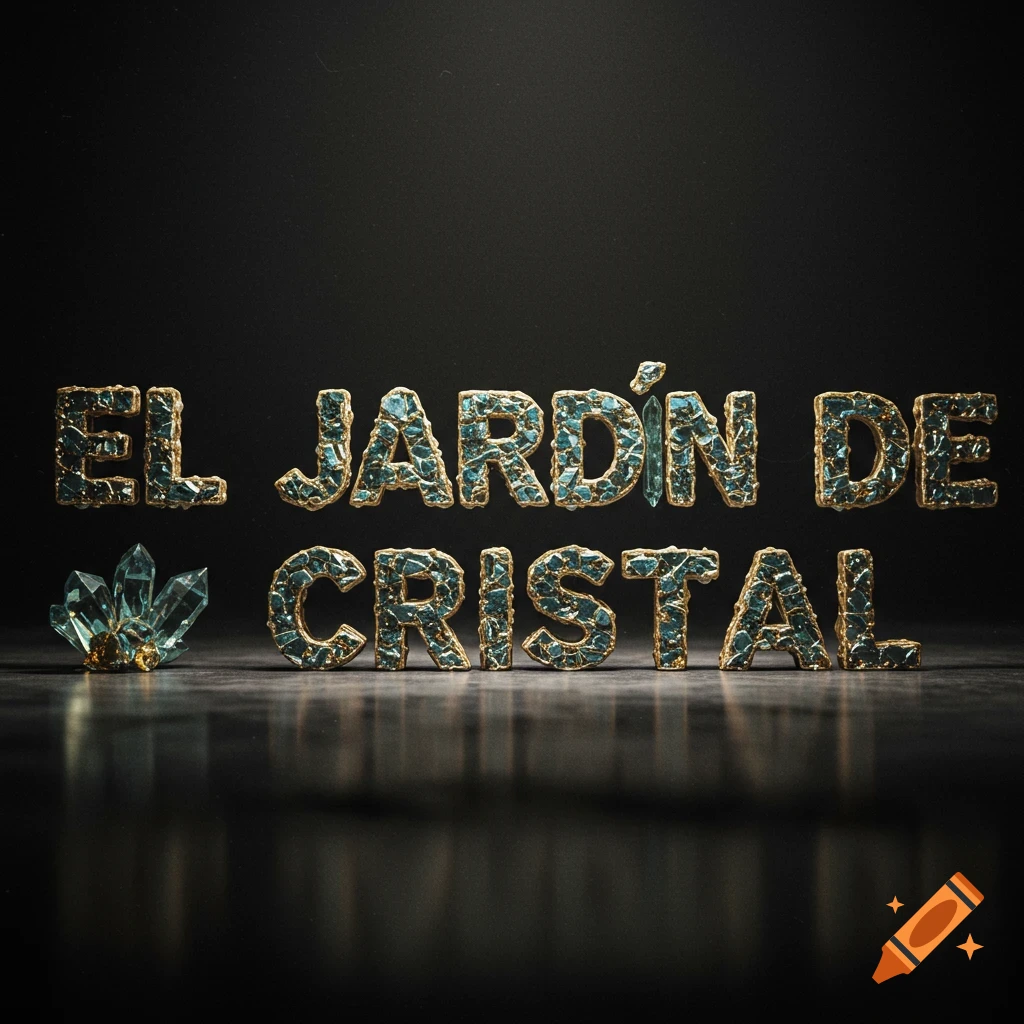 The words EL JARD
N DE CRISTAL spelled out using letters made of blue crystals with gold edges, on a dark surface.