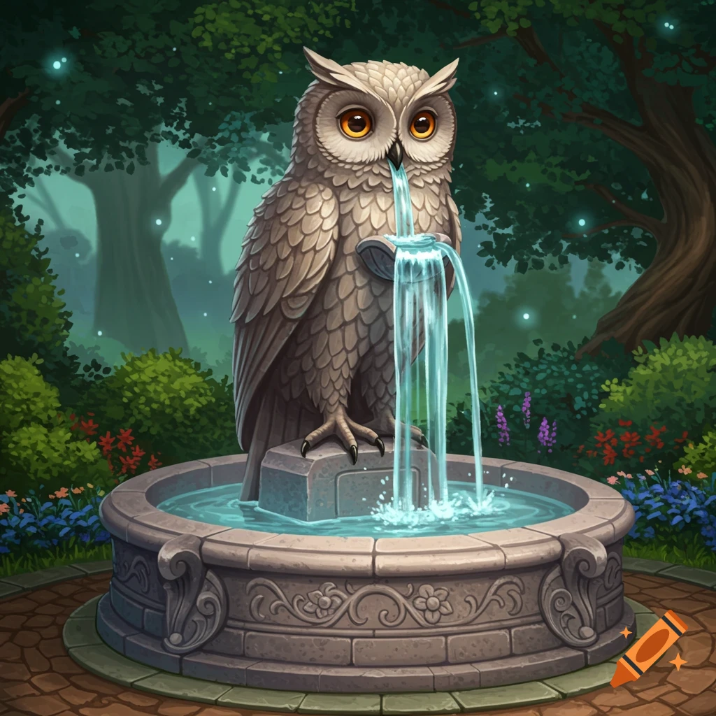An owl statue fountain in a magical forest.