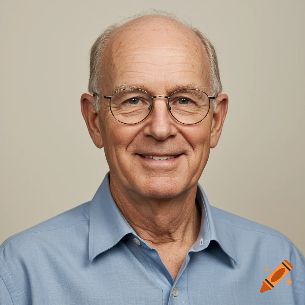 Portrait of a smiling bald man with glasses wearing a blue shirt.