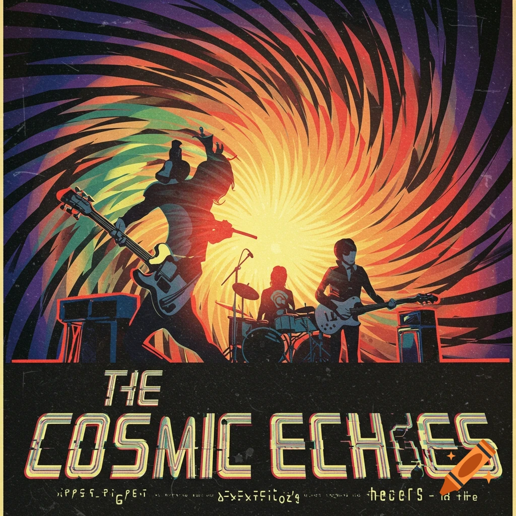 A retro-style music poster for 'The Cosmic Echoes' featuring band members playing instruments against a swirling psychedelic background.