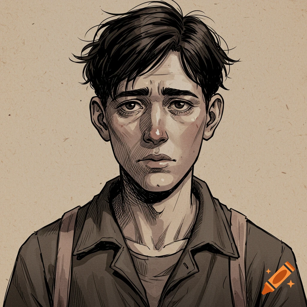 Close-up sketch portrait of a young man with a sad expression.