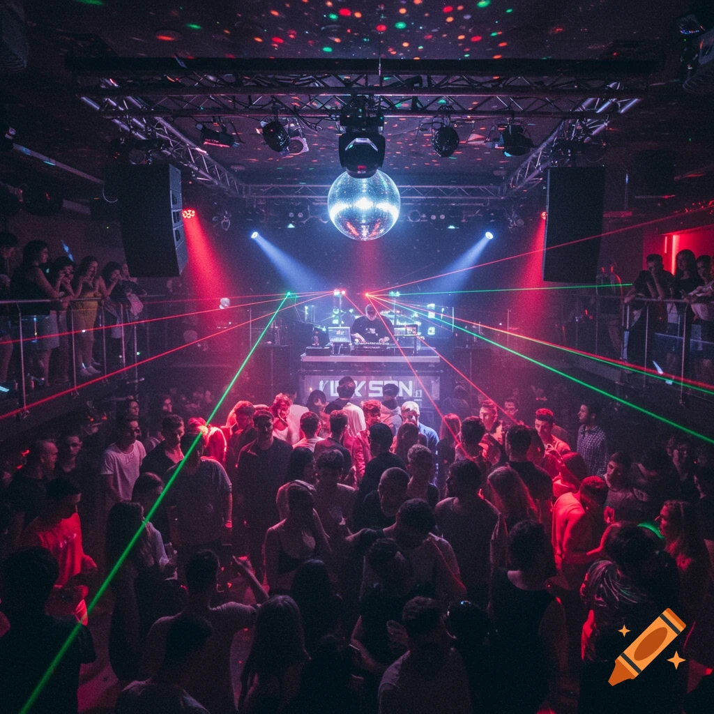 Crowded nightclub with people dancing, a DJ, disco ball, and red and green laser lights.