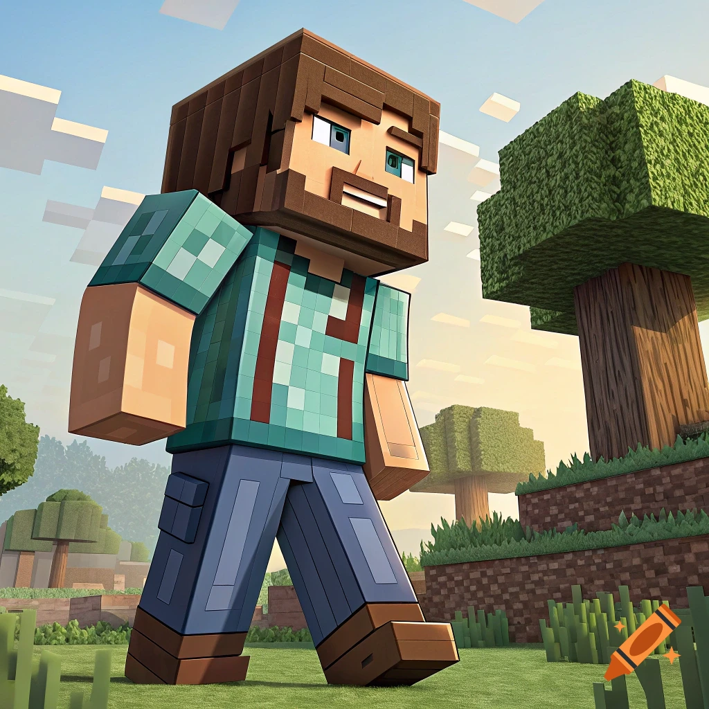 A blocky character resembling Minecraft Steve with a beard walks through a blocky landscape in a 3D render.