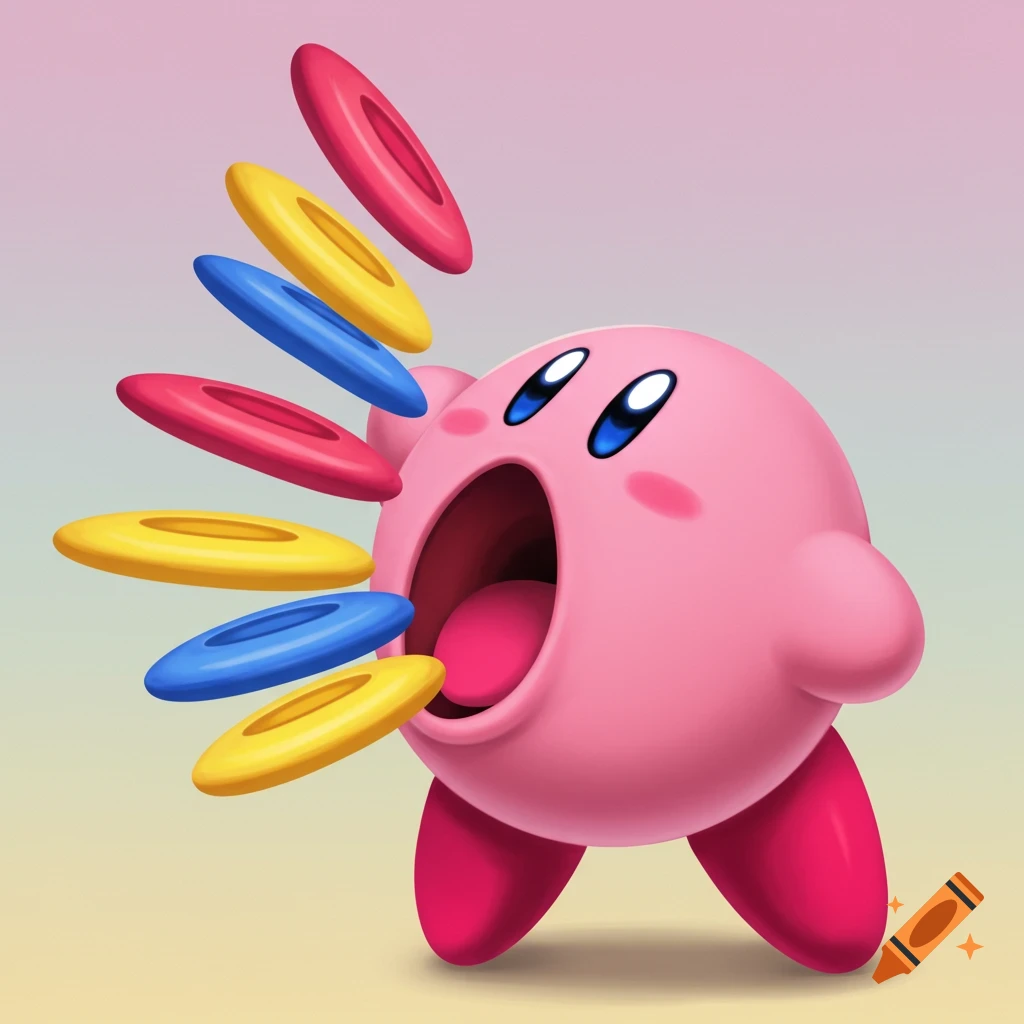 Kirby inhaling red, yellow, and blue discs