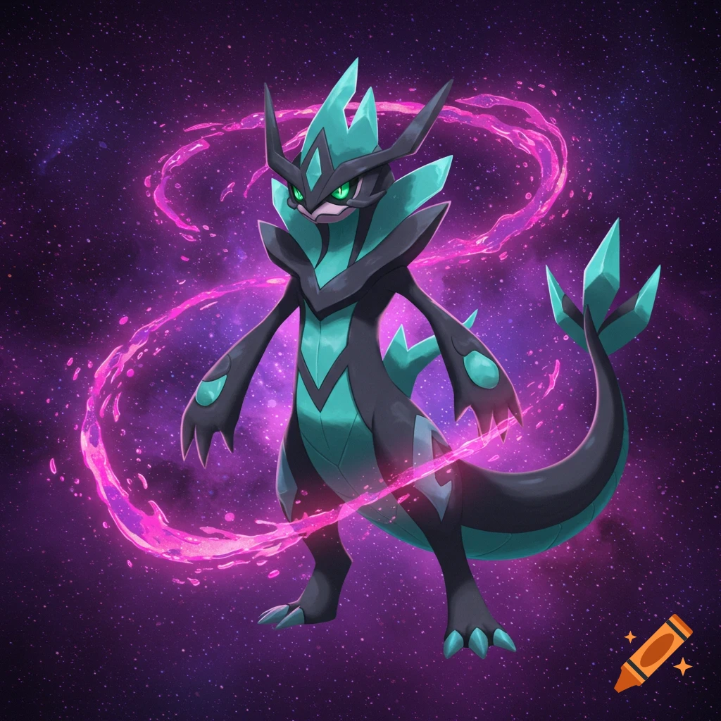 A black and teal fantasy creature resembling a pokemon against a starry purple background with pink energy.