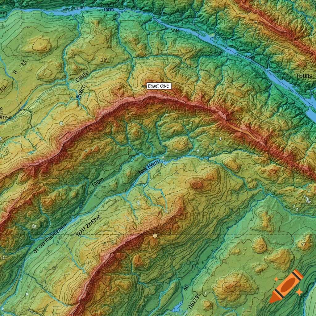 Colorful topographic map showing terrain relief with contour lines.