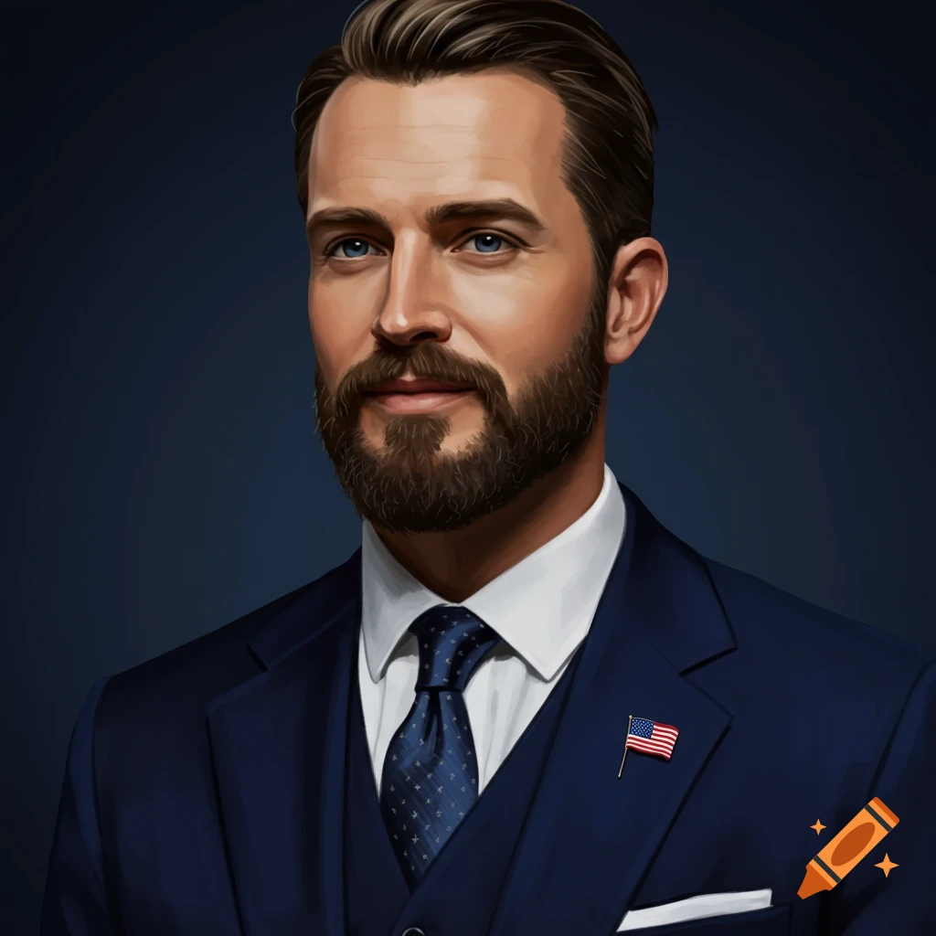 Painting of a man in a suit wearing an American flag lapel pin.