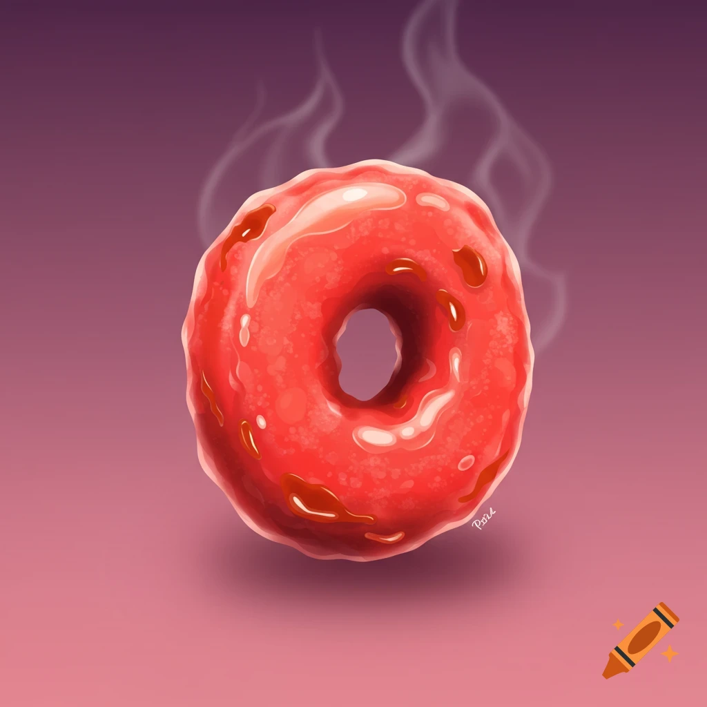 A red glazed donut with dark red spots and steam rising.