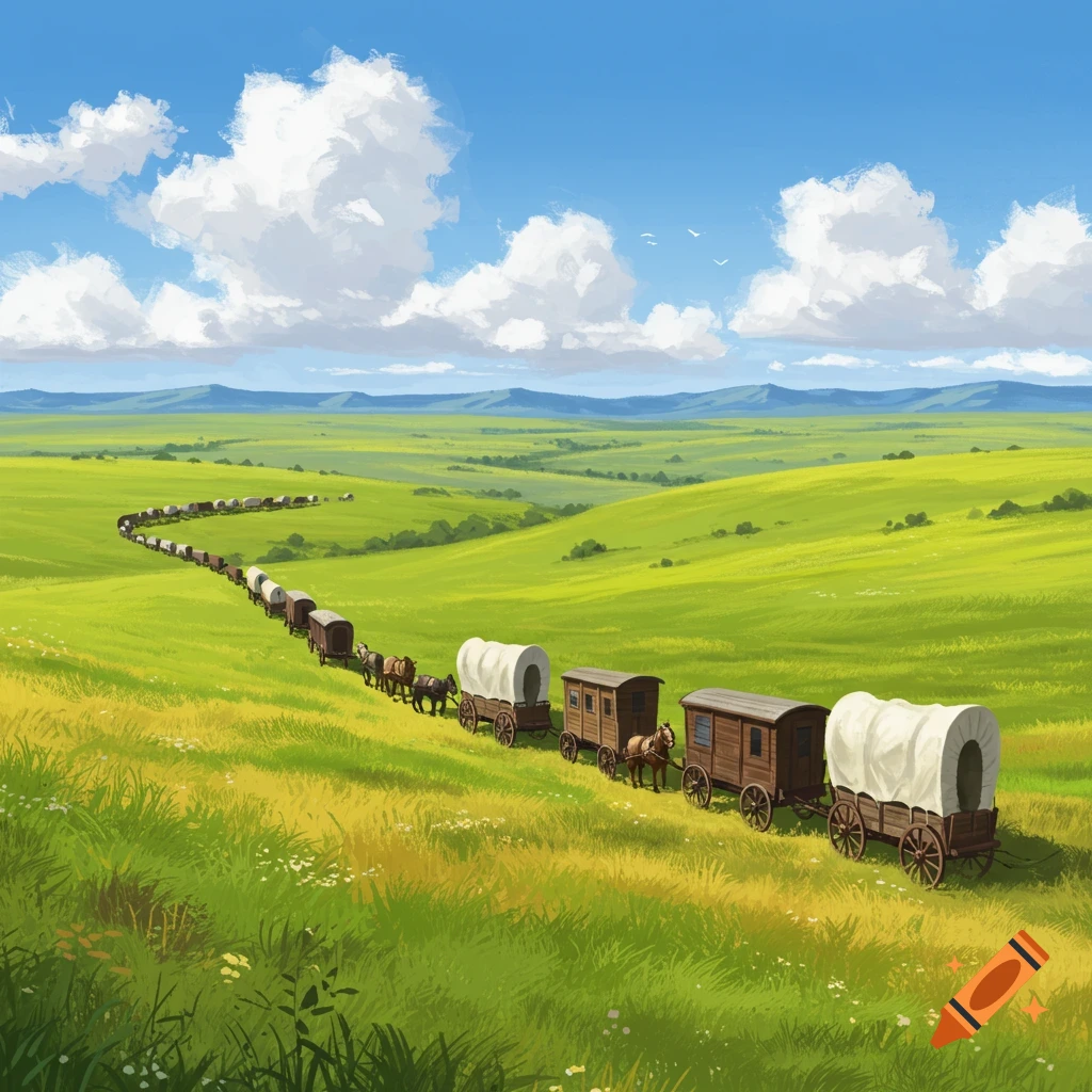 A wagon train winding through a green prairie landscape under a blue sky.