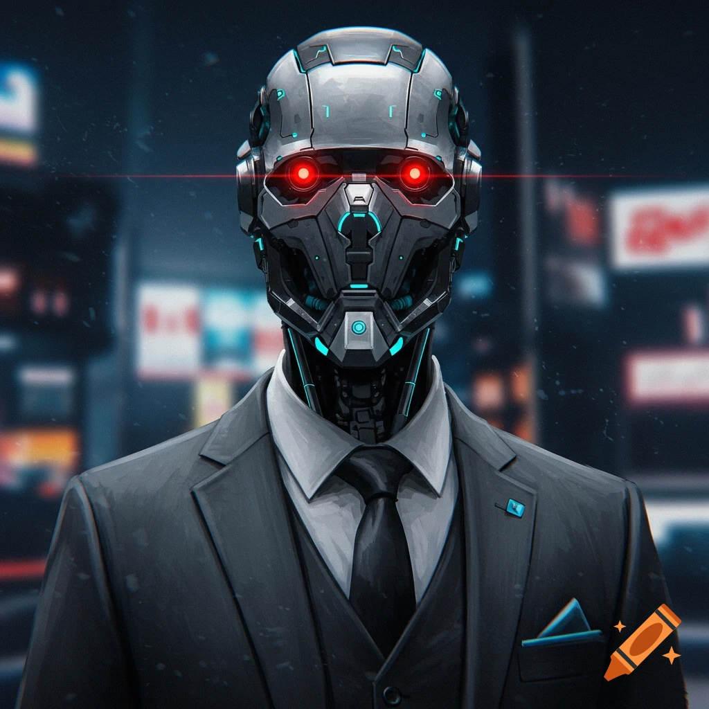 A cybernetic robot head wearing a suit and tie against a blurry city background.