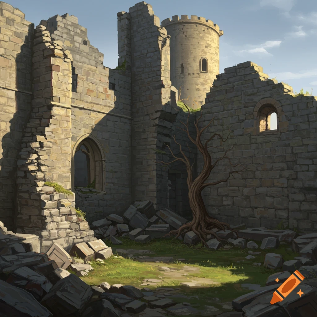 Dilapidated stone castle ruins with a dead tree in the foreground under a partly cloudy sky.