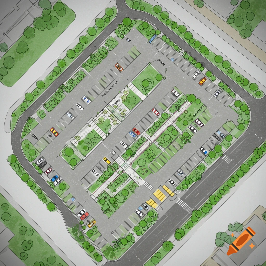 Top-down architectural drawing of a detailed parking lot plan with cars, trees, and roads.