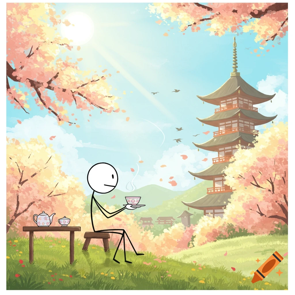 Stick figure sips tea outdoors with pagoda and cherry blossoms