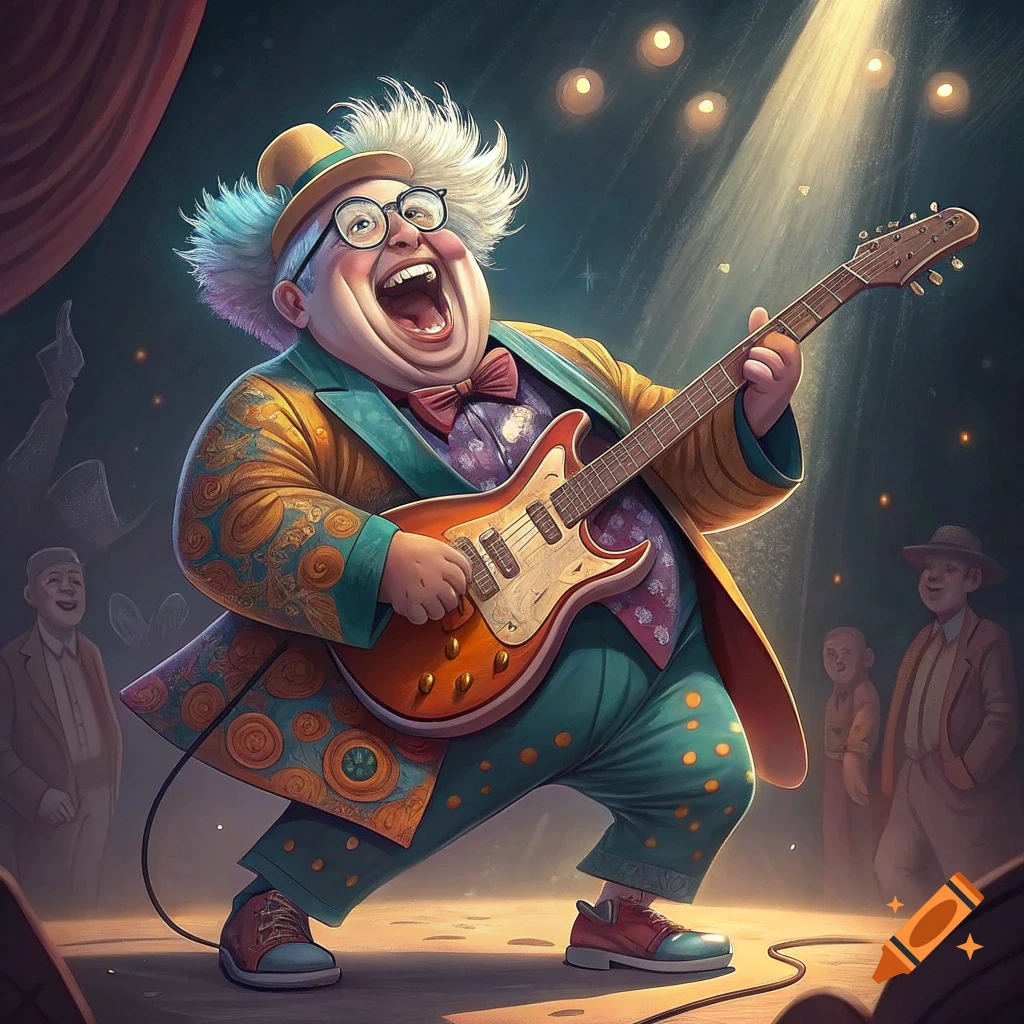 A cartoon man with wild hair and glasses plays an electric guitar on stage under a spotlight.