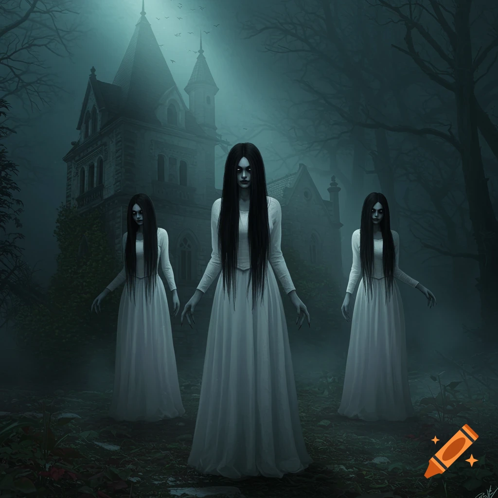 Three creepy women in white dresses stand in front of a gothic mansion in a foggy forest.
