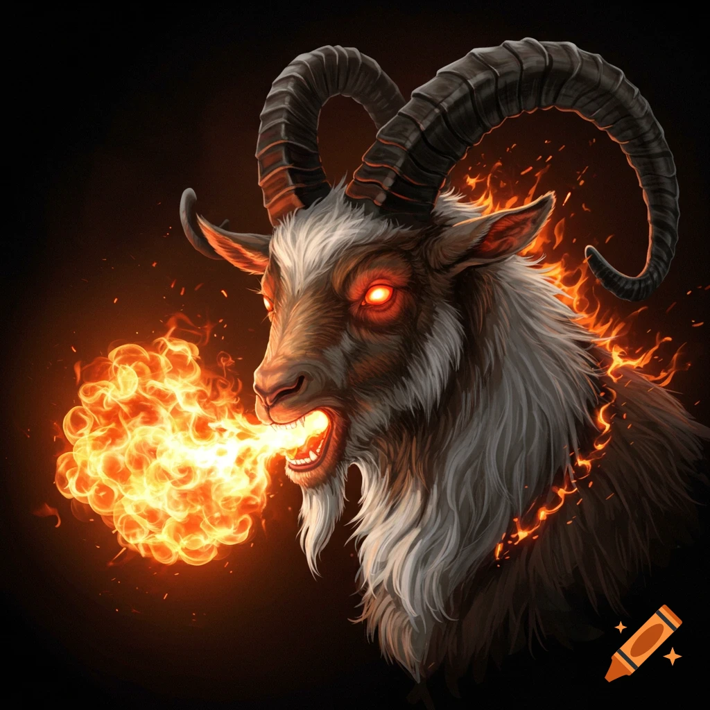 A goat with glowing eyes breathes fire.