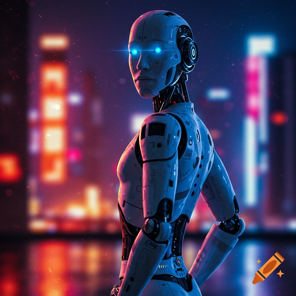 A robot standing in a futuristic city at night.