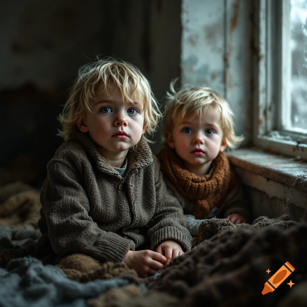 Two blonde boys sit on blankets in a dim room near a window, realistic style