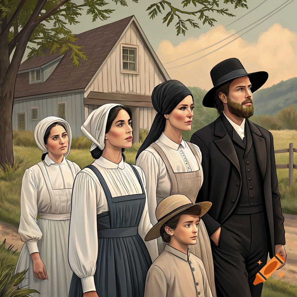 Family in traditional clothing standing near a farmhouse