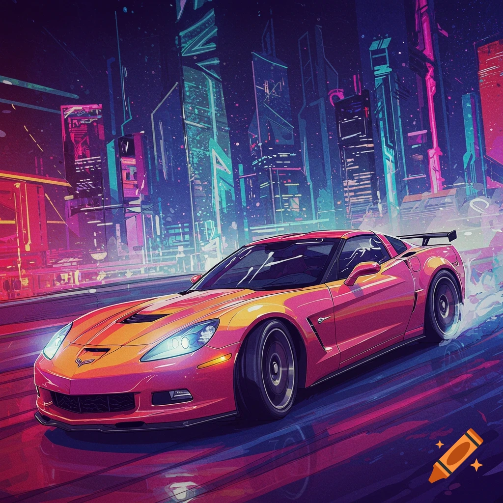 A pink and orange Corvette drives through a neon-lit cityscape at night, digital art style.