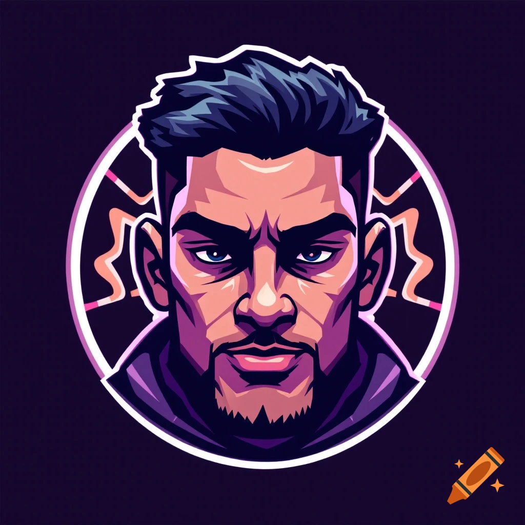 Stylized portrait logo of a man with dark hair and beard