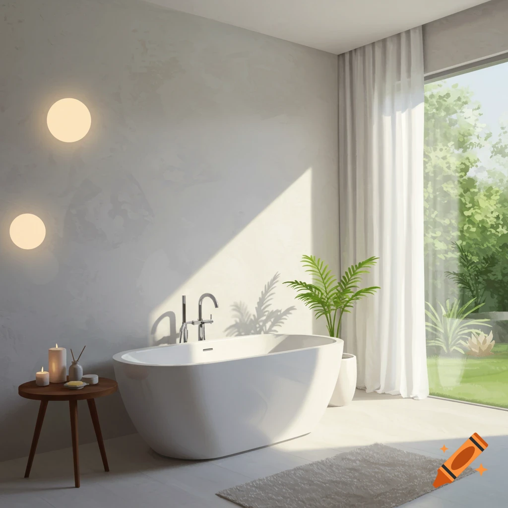 A modern bathroom with a freestanding tub, large window, and sunlight.