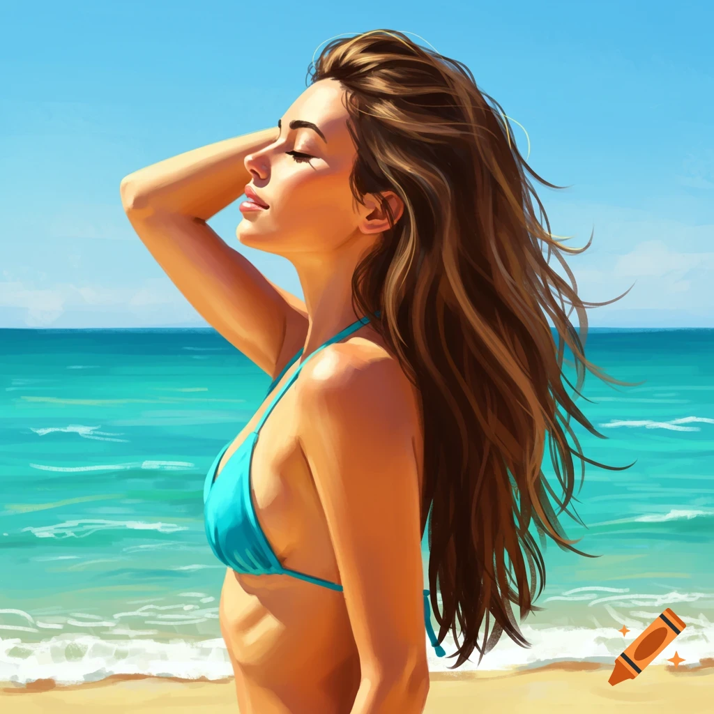 A woman in a blue bikini enjoys a sunny day at the beach with the ocean in the background.